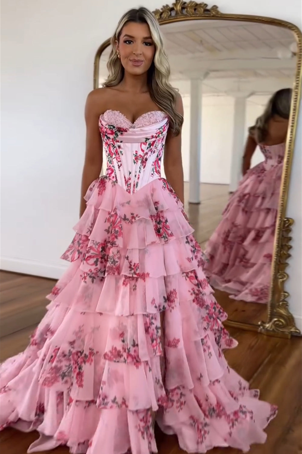 Cute A Line Blush Floral Print Tiered Chiffon Strapless Prom Dresses   Anniebride