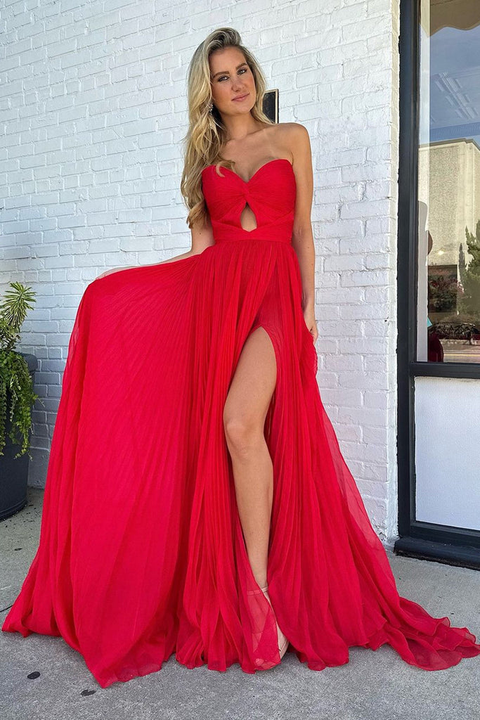 Cute A Line Sweetheart Pleat Red Chiffon Long Prom Dress with Slit Anniebride Cute A Line Sweetheart Pleat Red Chiffon Long Prom Dress with Slit Anniebride