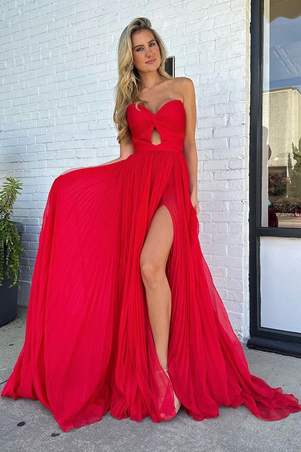 Cute A Line Sweetheart Pleat Red Chiffon Long Prom Dress with Slit Anniebride Cute A Line Sweetheart Pleat Red Chiffon Long Prom Dress with Slit Anniebride