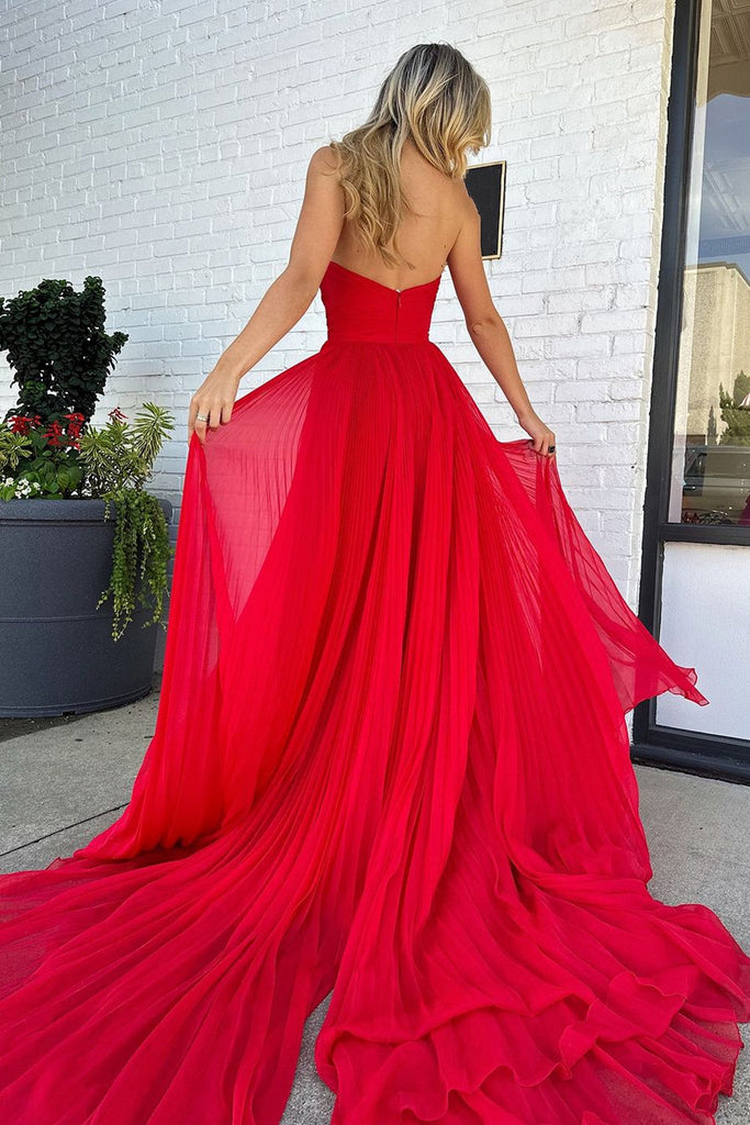 Cute A Line Sweetheart Pleat Red Chiffon Long Prom Dress with Slit Anniebride Cute A Line Sweetheart Pleat Red Chiffon Long Prom Dress with Slit Anniebride
