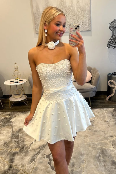 Cute A Line Strapless White Satin Homecoming Dress with Beading AB26062401