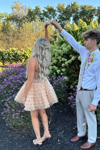 Cute A Line Halter Champagne Tulle Short Homecoming Dresses with Appliques AB24092608