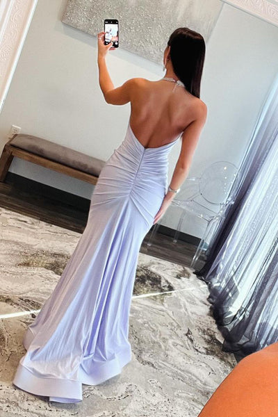 Charming Mermaid Sweetheart Light Purple Satin Long Prom Dresses with Beading AB4022104