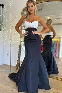 Unique Mermaid Sweetheart Black & White Satin Long Prom Dress with Bow AB112802
