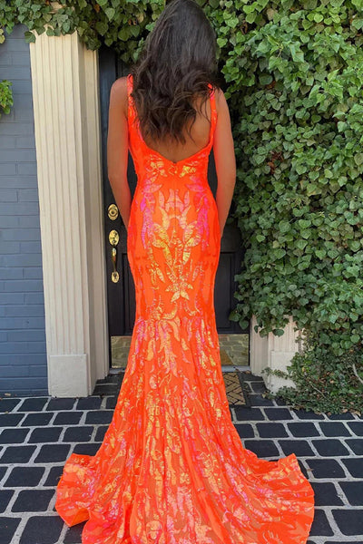 Charming Mermaid V Neck Orange Sequins Prom Dresses AB121505