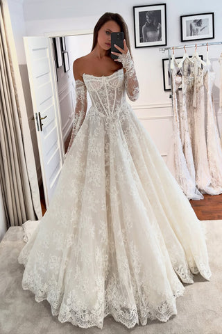 Romantic Scoop Neck Lace Tulle Long Wedding Dress AB25093003