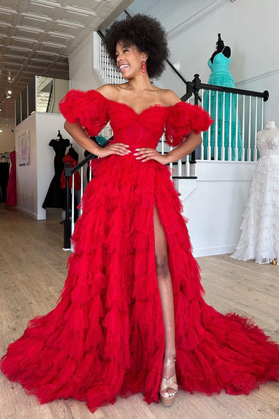 Ball Gown Off the Shoulder Red Tulle Long Prom Dresses with Slit AB0802008
