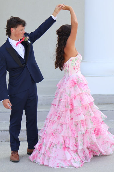 Cute A Line Sweetheart Pink Floral Chiffon Prom Dress with Slit AB26042109