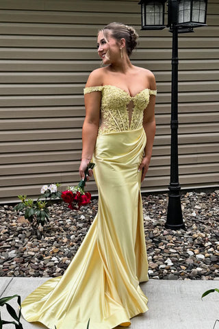 Cute Mermaid Off the Shoulder Yellow Satin Prom Dress with Appliques AB25052407