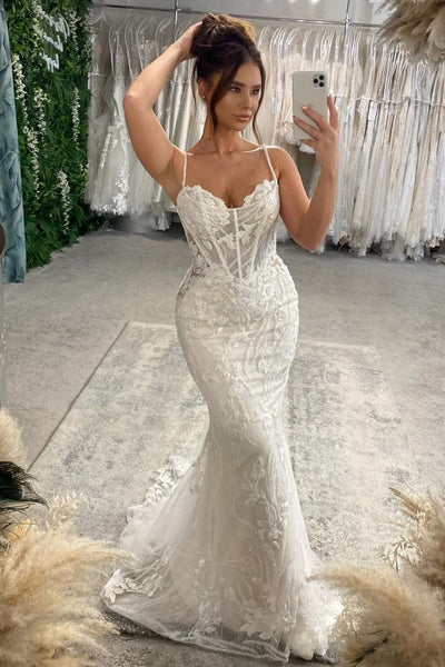 Elegant Mermaid Spaghetti Straps Lace Wedding Dress with Appliques AB26042103