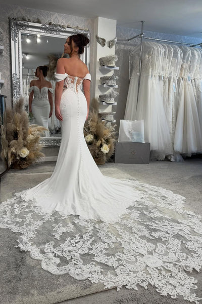 Elegant Mermaid Off the Shoulder Elastic Satin Wedding Dress with Lace AB26012912