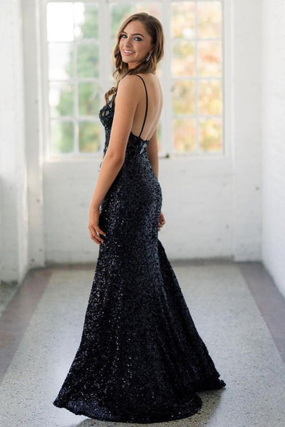 Sparkly Mermaid V Neck Black Sequins Long Prom Dresses with Beading AB092801