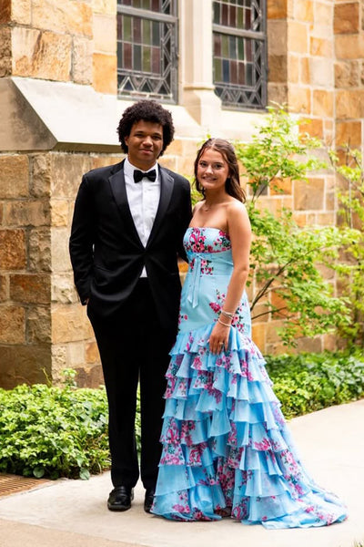 Mermaid Strapless Blue Floral Chiffon Tiered Prom Dress with Slit AB26060109