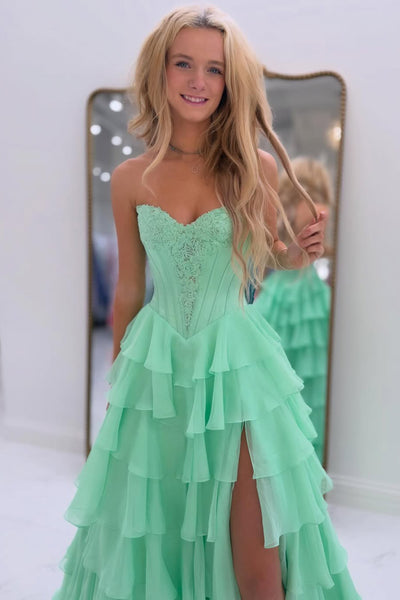 Cute A Line Sweetheart Navy Tiered Chiffon Prom Dress with Slit AB26012406