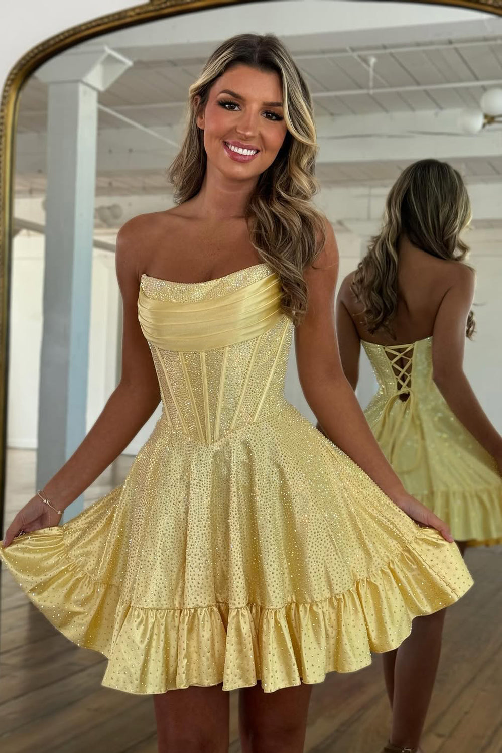 Cute A Line Scoop Neck Satin Sparkly Homecoming Dresses with Hot Stone Beading AB25061510