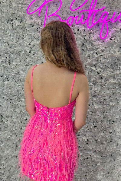 Sweet Bodycon Sweetheart Hot Pink Sequins Lace Short Homecoming Dresses with Feather AB081202
