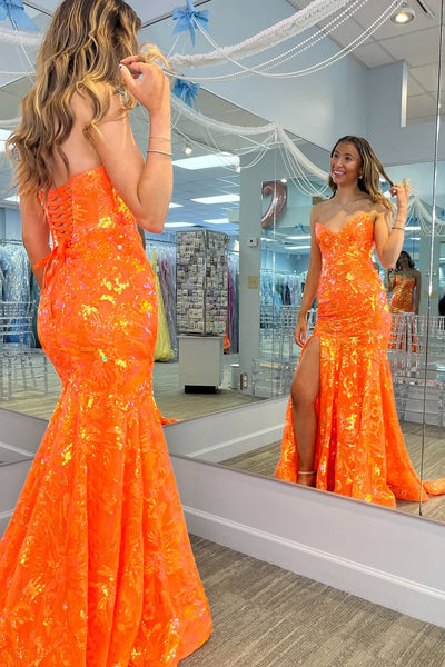 Cute Mermaid V Neck Orange Sequins Lace Long Prom Dress AB25071704