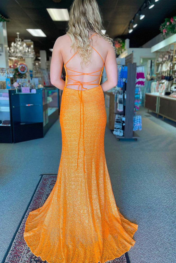 Mermaid V Neck Orange Sequins Long Prom Dress AB4022303 Anniebride Mermaid V Neck Orange Sequins Long Prom Dress AB4022303 Anniebride