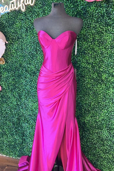 Cute Mermaid Strapless Fuchsia Satin Mermaid Prom Dress with Slit AB25010401