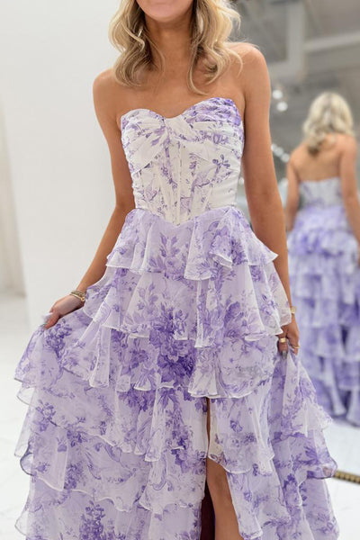Cute A Line Strapless Lavender Floral Chiffon Lng Prom Dress with Slit AB26020906