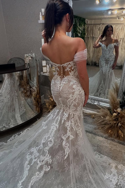 Elegant Mermaid Off the Shoulder Lace Wedding Dresses with Train AB25050201