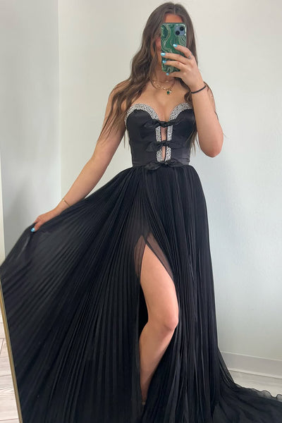 Cute A Line Sweetheart Black Pleat Chiffon Long Prom Dress with Beading AB25021201