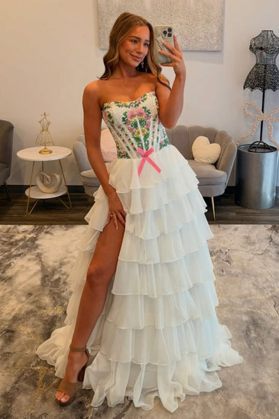Gorgeous A Line Strapless White Tulle Prom Dress with Beading AB26032204
