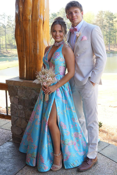 Cute A Line V Neck Floral Satin Long Prom Dress with Slit AB26040106