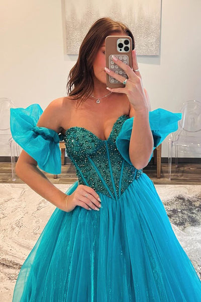 Strapless Blue Beaded Long Prom Dress with Sleeves AB4041701