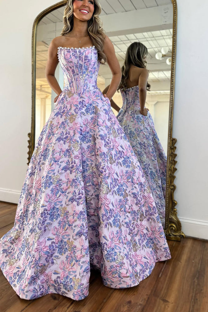 Gorgeous Ball Gown Scoop Neck Jacquard Satin Prom Dress with Pearls AB Anniebride Gorgeous Ball Gown Scoop Neck Jacquard Satin Prom Dress with Pearls AB Anniebride