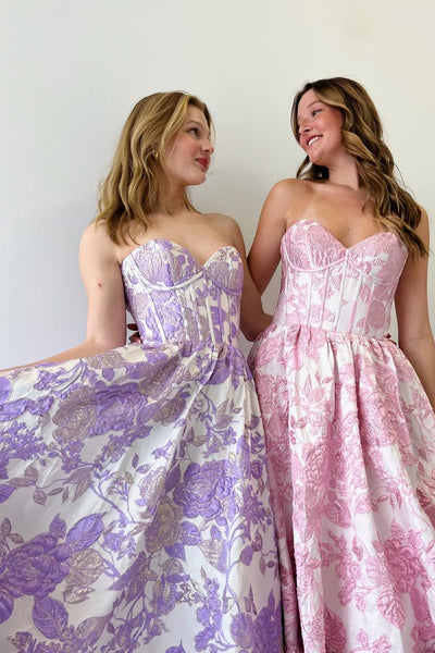 Pink Floral Printed Sweetheart A-Line Long Prom Dresses AB4030703