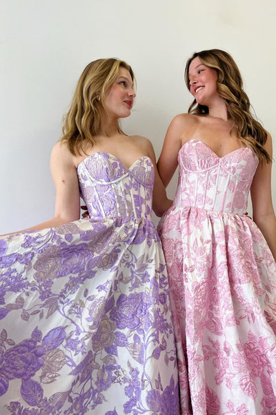 Pink Floral Printed Sweetheart A-Line Long Prom Dresses AB4030703