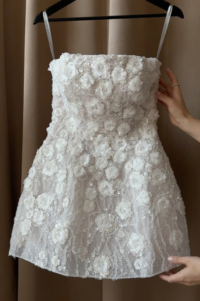 Gorgeous Strapless Sequins Lace Wedding Dress with 3D Flowers AB26061415