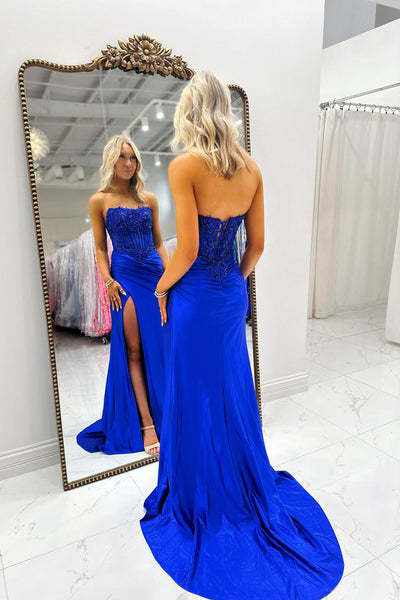 Mermaid Strapless Royal Blue Pleasts Beads Long Prom Dresses with Slit AB26020905