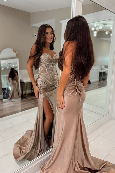 Charming Mermaid Sweetheart Satin Long Prom Dress with Beading AB25102606