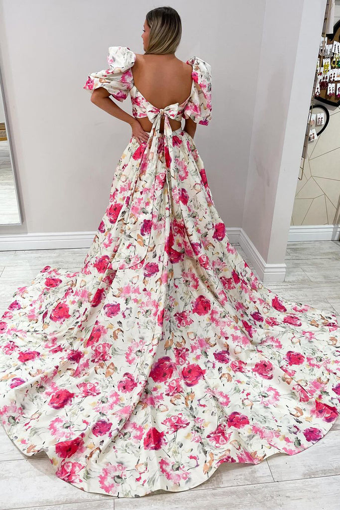 Cute Two Piece Floral Printed Puff Sleeves Long Prom Dress with Slit AB4051202 Anniebride Cute Two Piece Floral Printed Puff Sleeves Long Prom Dress with Slit AB4051202 Anniebride