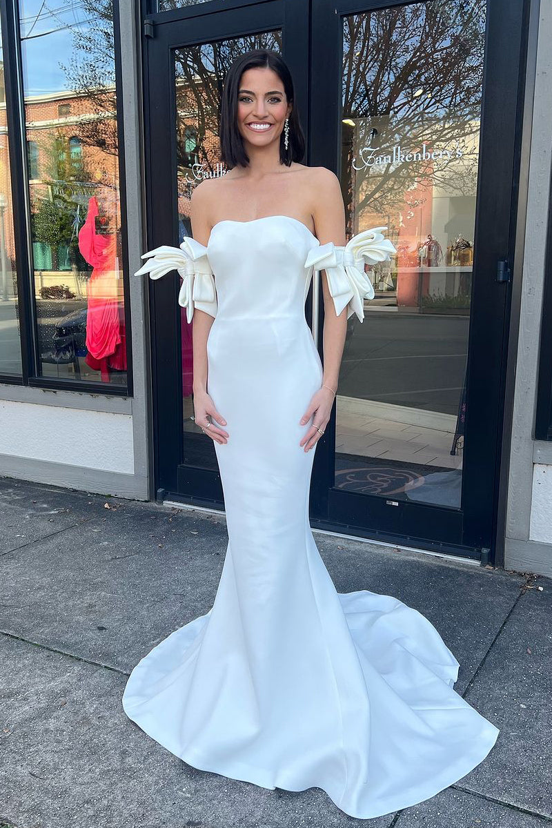 Cute Mermaid Sweetheart White Satin Long Prom Dress with Bow AB4010104