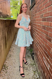Cute A Line V Neck Sage Green Sequins Short Homecoming Dresses ABHC061818