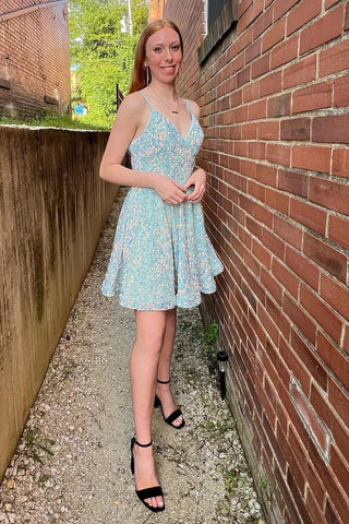 Cute A Line V Neck Sage Green Sequins Short Homecoming Dresses ABHC061818
