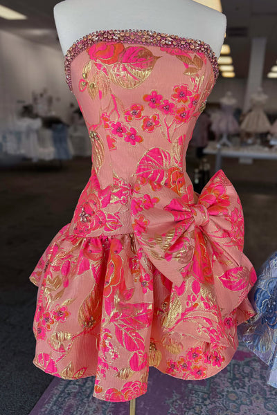 Fashion A Line Strapless Jacquard Satin Homecoming Dress with Bow AB26062804