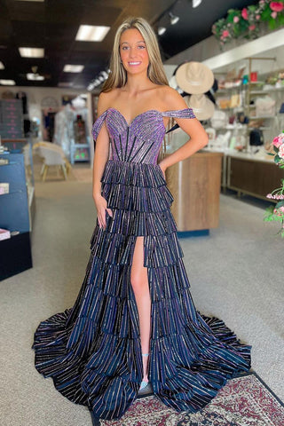 Cute A Line Off the Shoulder Black Satin Pink Beading Tiered Prom Dresses AB24112807
