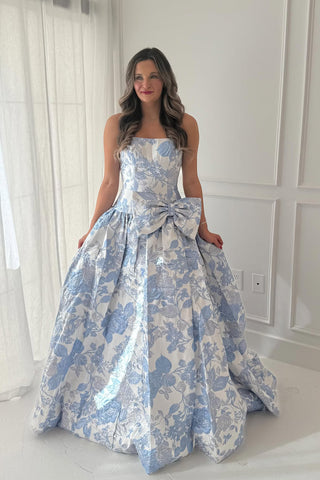 Cute A Line Strapless Jacquard Satin Prom Dress with Bow AB25111004