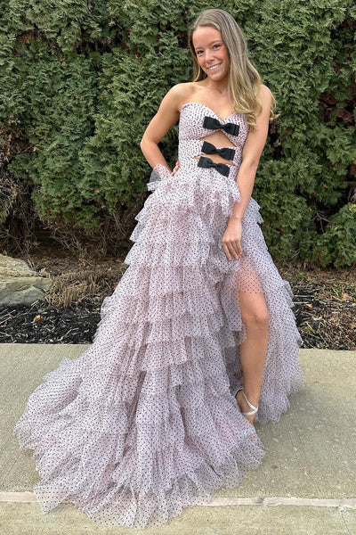 Fairy A Line Strapless Red Dot Tulle Tiered Prom Dress AB25010402