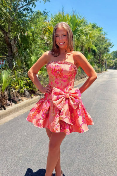 A Line Stapless Coral Red Jacquard Satin Homecoming Dress with Bow AB26062108