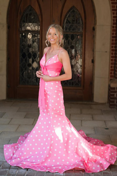 Cute Mermaid V Neck Pink White Dot Satin Prom Dress with Bow AB26032607