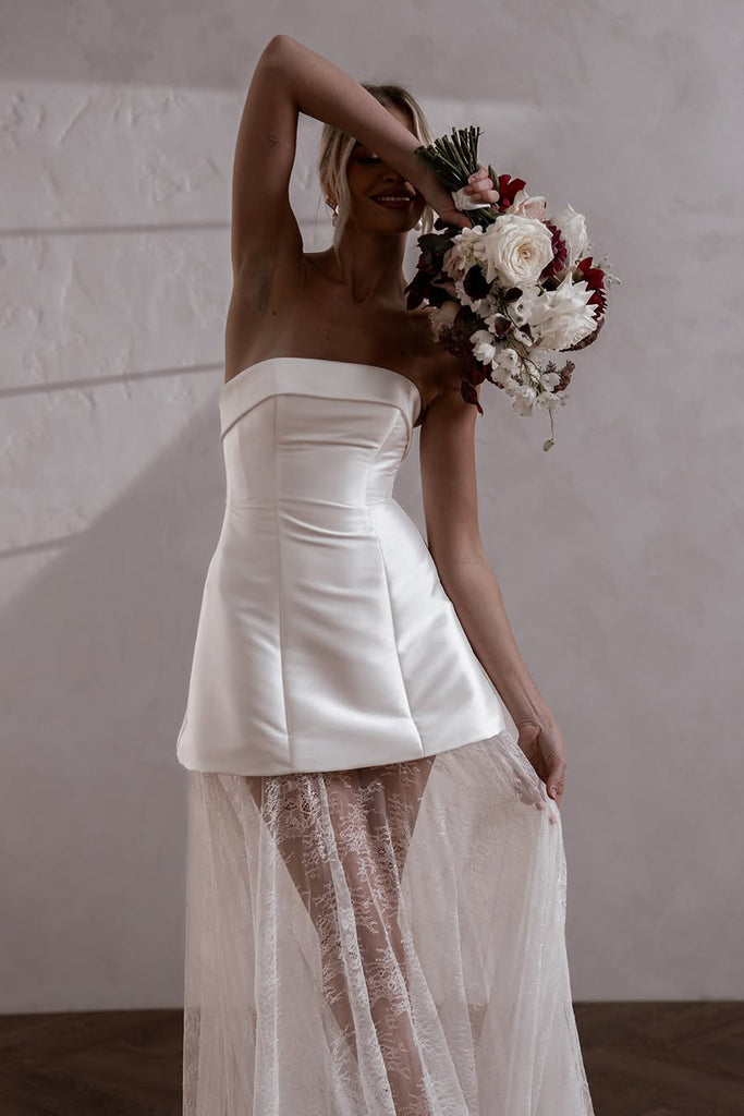 Fairy Sheath Strapless White Satin Short Wedding Dress with Lace AB24121906 Anniebride Fairy Sheath Strapless White Satin Short Wedding Dress with Lace AB24121906 Anniebride