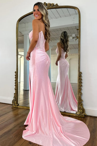 Gorgeous Mermaid Scoop Neck Hof Fix Satin Prom Dress with Slit AB26020606