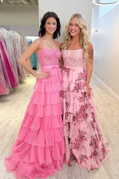 Cute A Lien Square Neck Floral Chiffon Prom Dress AB26031803