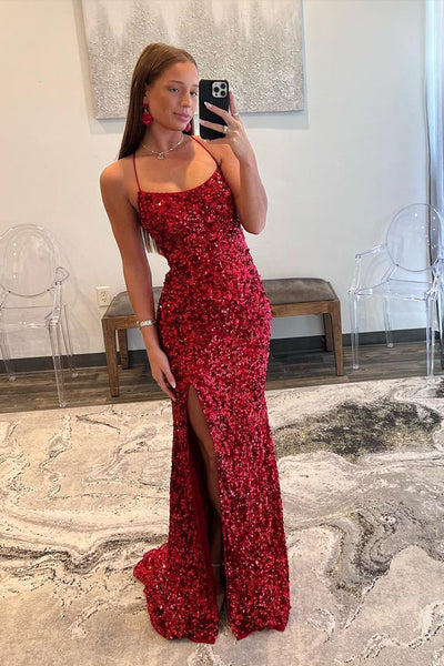 Charming Mermaid Scoop Neck Red Sequins Long Prom Dresses with Slit AB110706