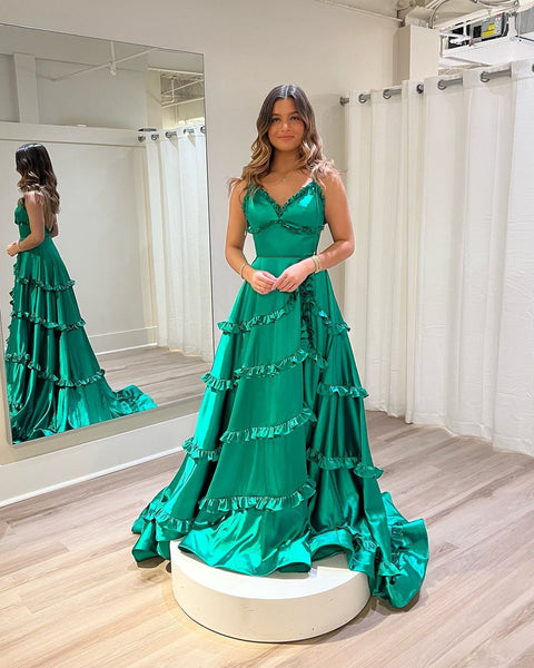 A-Line V Neck Green Satin Ruffle Long Prom Dress AB4021905